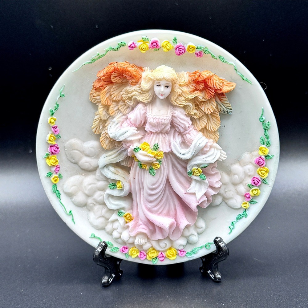 Vintage Angel Shelf Sitter Ceramic Plaque Pastel Floral Roses Cottagecore Wings